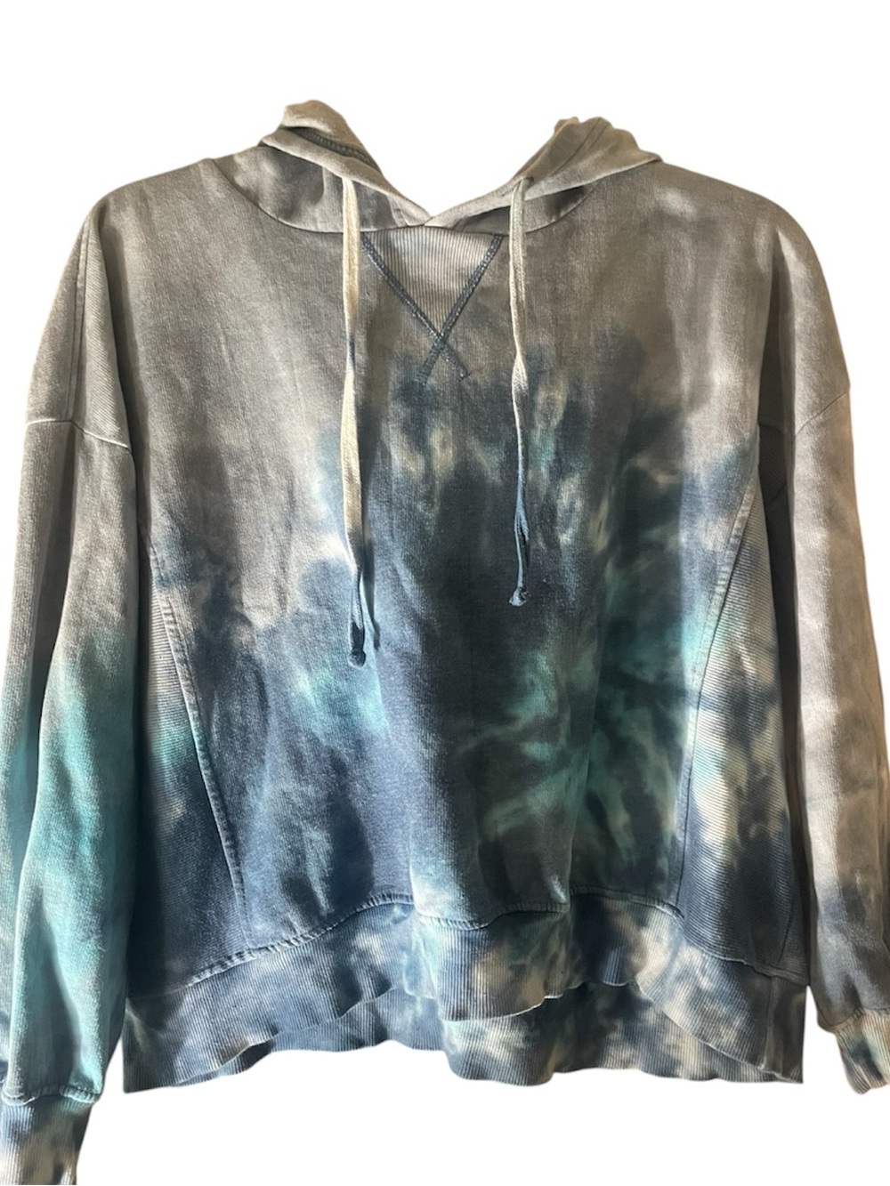 Tie-Dye Pullover Crop Hoodie in Blue & Teal